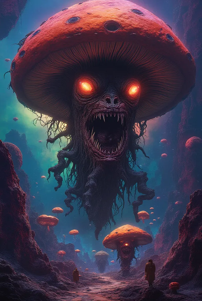 A huge mushroom with evil eyes sharp teeth illusions colorful background 