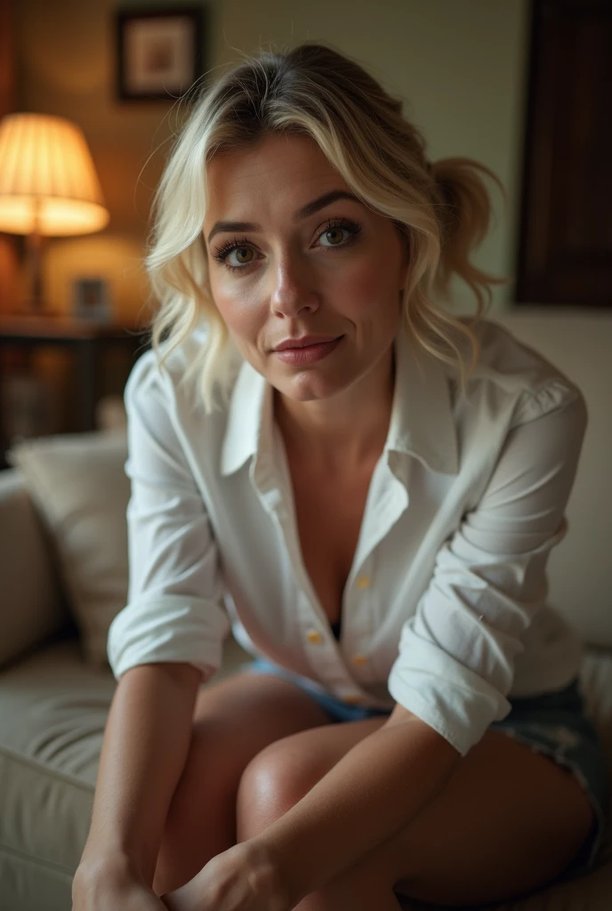 Amateur photo, sharp detail, realistic detail,  bokeh. Dramatic low angle looking up at subject as she sits leaning down to look at the viewer,  A beautiful caucasian woman, smile lines, 49 years old, short blonde hair, pigtails, (wide hips:1.3), large dar...