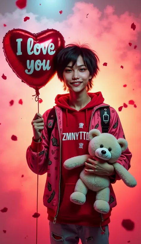 baby face Korean man with a modern shoulder length black mullet posing holding a heart shaped balloon and a teddy bear, fluffy black hair, side bangs, styled hair, cool Korean Idol hairstyle, fluffy mullet, cute young man posing with a balloon in one hand ...