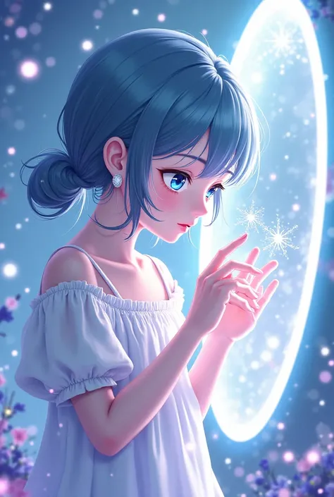 Anime image of a girl touching a magic mirror 