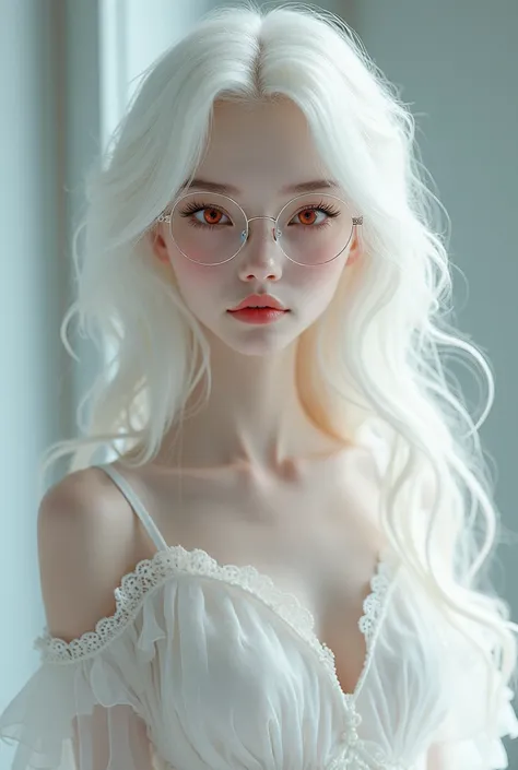 white hair,white skin,cute,red eye,with glasses,white dress,soo beatiful girl