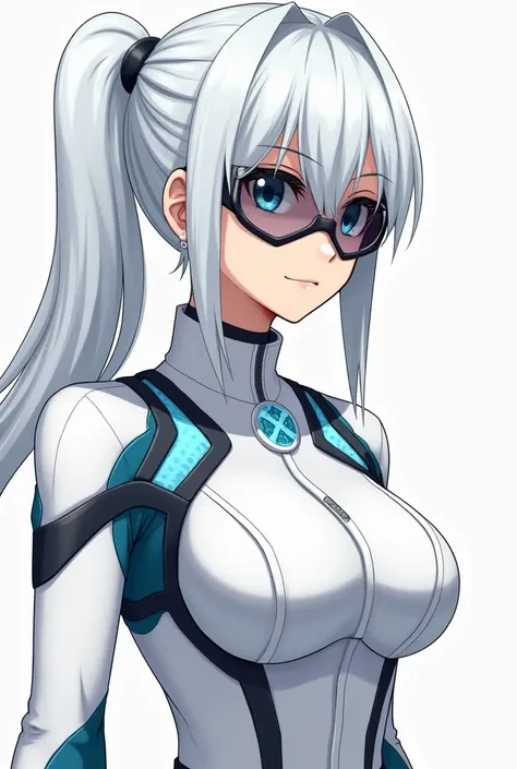  Make a female heroine uniform from My Hero Academia with the following descriptions:

 White uniform with details in sky blue and black , reflecting sophisticated style .  With a visor or futuristic glasses to protect the eyes . The heroine looks white-ha...