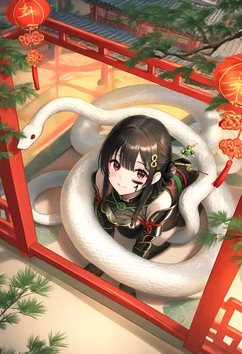  Chinese Style ，dark hair tied up ，  Yueyang Tower Chinese architecture ， there is a black pine hairpin on the top  ， In the bun  ， ， Add vibrancy and vibrancy 。  The prominent character in the foreground is a stone ，  high angle shot， this heroine wears r...