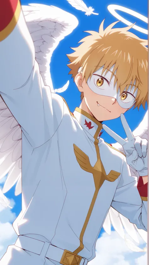 Full pure White hero masked men anime, solo,white angel uniform,white eye mask,gloves,white belt,angel,1boy,mysterious grin,fang out,male focus,big white angel wing,angel halo,golden eyes,day sky clouds heaven background,inuzuka shuu, blonde,male focus,pla...