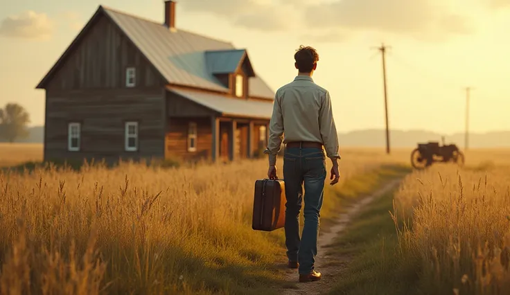 A teenage Henry Ford saying goodbye to his family on a rustic farm. He carries a small suitcase, and the farmhouse is surrounded by fields. Emotional and nostalgic mood, soft morning light, painterly style.