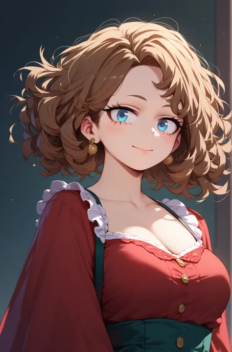 From the anime Boku no Hero Academia creates a person with short, curly brown hair with blue eyes. wearing a red dress  