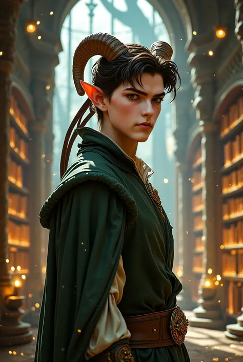  An elven man with light brown ram horns ,  with dark brown hair tied in a high tail and intense green eyes. smiling face.  soft white skin ,  Look directly at the camera . He is very attractive . lleva ropa medieval. The image is fantasy , is inside a lar...