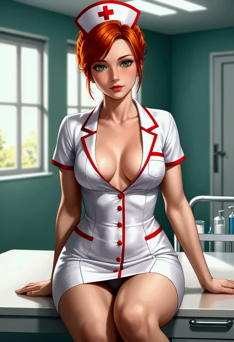 a 30 year old woman, 1woman, nurse, wearing nurse uniform, detailed nurse uniform, orange hair, green eyes, freckles, simple hairstyle, friendly face, knee-length portrait, posing for a picture, medium breasts, deep cleavage, medical cabinet on the backgro...