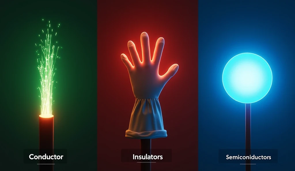 "Three vertical panels side-by-side. Left panel: Shiny copper wire glowing with bright green energy flow (Conductor label). Middle panel: Rubber glove with a faint red glow around it (Insulator label). Right panel: Silicon wafer subtly glowing with blue en...