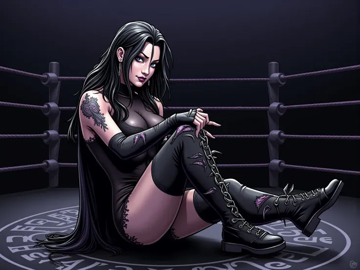 1 comic book style female wrestler, side view,  eyes focused away from the viewer,  in a wrestling ring. Grips a steel chain and delivers a knee strike. Ring Design:

The ring mat is black with silver rune-like designs, hinting at an ominous power.

The ro...