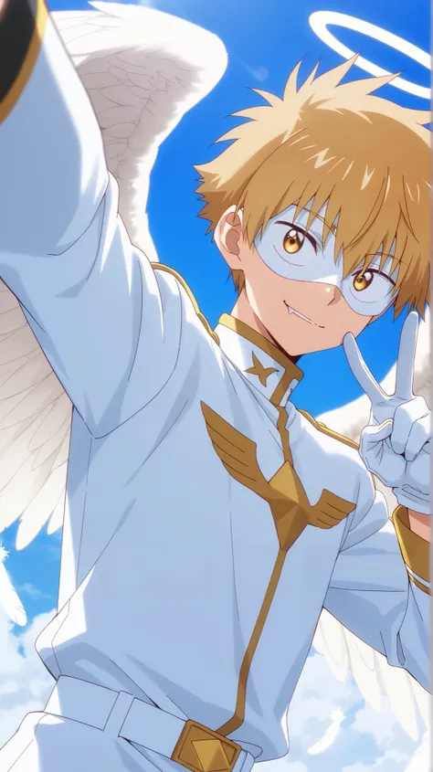 Full pure White hero masked men anime, solo,white angel uniform,white eye mask,gloves,white belt,angel,1boy,mysterious grin,fang out,male focus,big white angel wing,angel halo,golden eyes,day sky clouds heaven background,inuzuka shuu, blonde,male focus,pla...