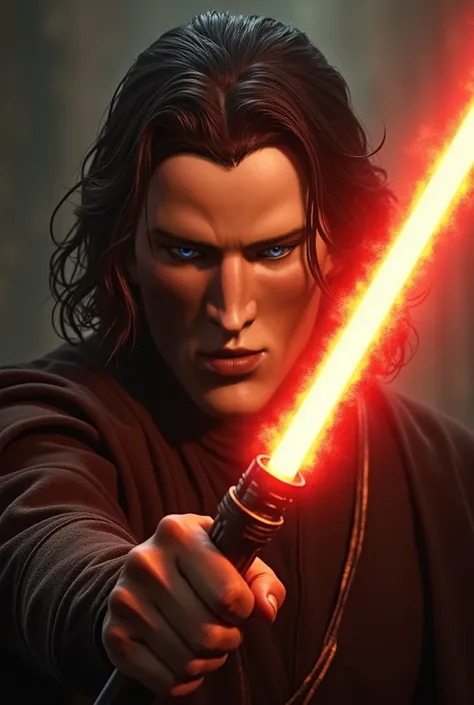 Create the same but realistic character with a highlight and very detailed eyes, holding a lightsaber with the color of fire