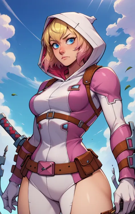  score_9,  score_8_arriba,  score_7_arriba,  BREAK GwenPoolsDXL, 1 girl, Alone , breasts,  short hair , Blue eyes,  blond hair, detailed bottom, Gloves, medium breasts,cowboy shot,  pink hair,  multicolored hair , hood,  bicolor hair , I wore a,   gradient...