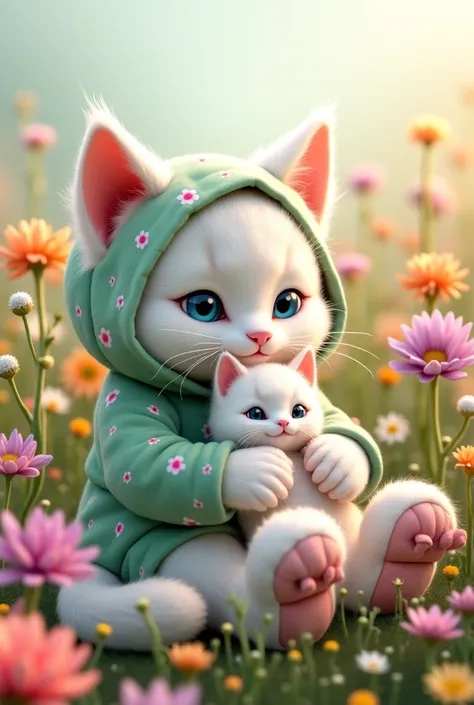 White fluffy cat with blue eyes wears a green floral hoody, Large fluffy slippers with a bow and has a fluffy white kitten on her lap with a large field bouquet, background field flowers