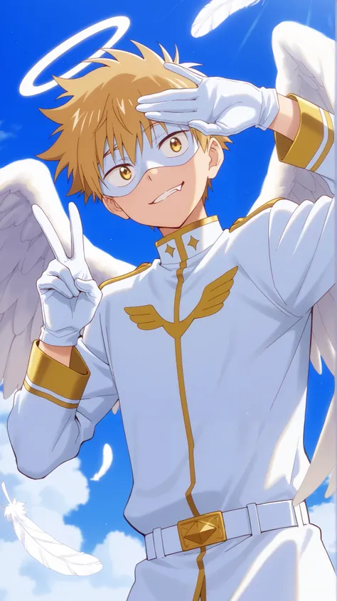 Full pure White hero masked men anime, solo,white angel uniform,white eye mask,gloves,white belt,angel,1boy,mysterious grin,fang out,male focus,big white angel wing,angel halo,golden eyes,day sky clouds heaven background,inuzuka shuu, blonde,male focus,pla...