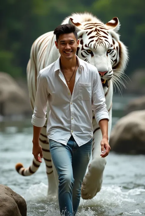   a handsome 26-year-old Asian man  ,  short and elegant hair ,  wearing a white long sleeve shirt with a random pattern,  wears a necklace ,  wearing a ,  wearing jeans and white shoes ,  walking with a big white tiger  (giant) By a rocky river , A cheerf...