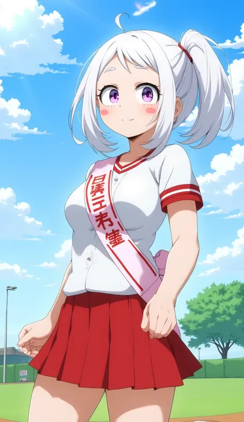 HD、Animation style、white hair 、Purple Eyes、girl、High school student 、single ponytail、Baseball player、Light color short sleeve top、short sleeve red skirt、plump breasts、Good shape、Thin、sash、Sky、cloud、sunny、Baseball field,