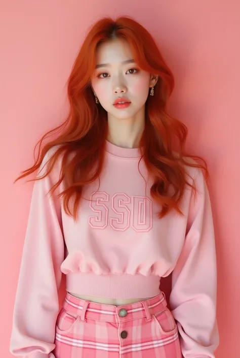  Redhead Korean Girl Wearing Pink( with SSU ) ,  pink plaid pants  