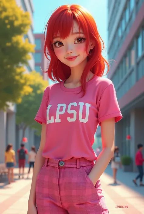  Redhead Korean Girl Wearing Pink( lettered LPSU) , pink plaid pants are standing in college 