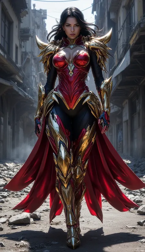 A beautiful woman from the Belgian country has a beautiful body big and dense breasts, wearing a saint seiya costume, walking in a shattered city