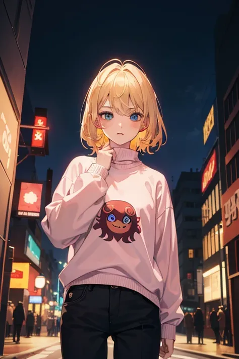 Alone , 1 girl, ( masterpiece), ((Appearance of a 16-year-old boy )),  blond hair,  medium hair, Blue eyes,  anime girl image,  Pink sweater with red octopus emblem,  black pants,  small breasts,  CYBERPUNK CITY,  night