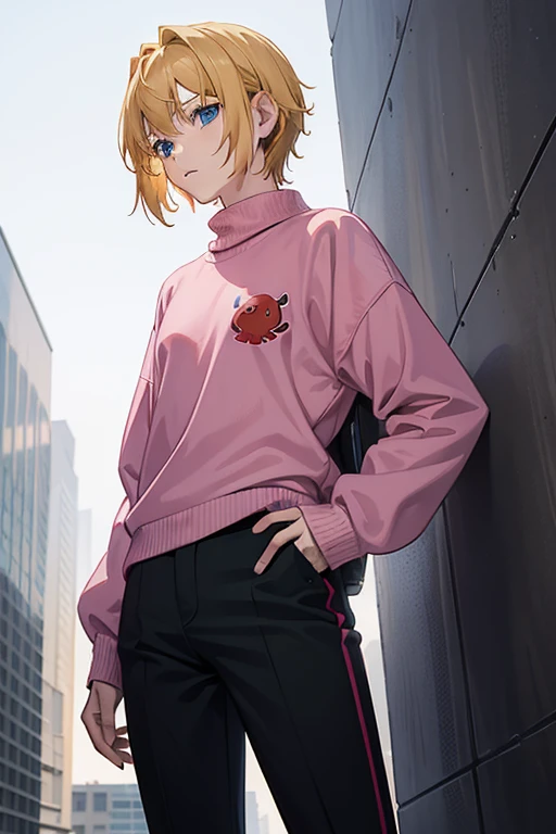 Alone , 1 girl, ( masterpiece), ((Appearance of a 16-year-old boy )),  blond hair,  medium hair, Blue eyes,  anime girl image,  Pink sweater with red octopus emblem,  black pants,  small breasts,  CYBERPUNK CITY,  night