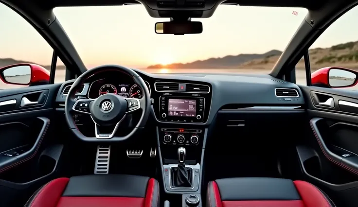 "A high-quality, ultra-realistic image of the luxurious interior of a Volkswagen Polo GTI, captured from the driver's perspective. The cabin features premium black leather seats with red stitching, a sporty flat-bottom steering wheel with GTI branding, and...