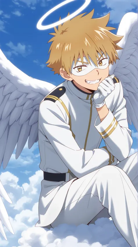 Full pure White hero masked men anime, solo, male focus,white angle uniform,white mask,white eye mask,gloves,angel,1boy,mysterious grin,fang out,male focus,big white angel wing,angel halo,golden eyes,day sky clouds heaven bankground,inuzuka shuu, blonde,th...