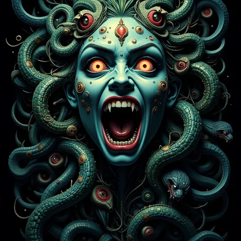 Create an image of Medusa Gorgon's head with her mouth wide open and a hypnotizing gaze. All the snakes wrapping around her head should also be looking at the viewer with their mouths open, hissing towards us. Theme: mythology, tattoo. Description: Medusa ...