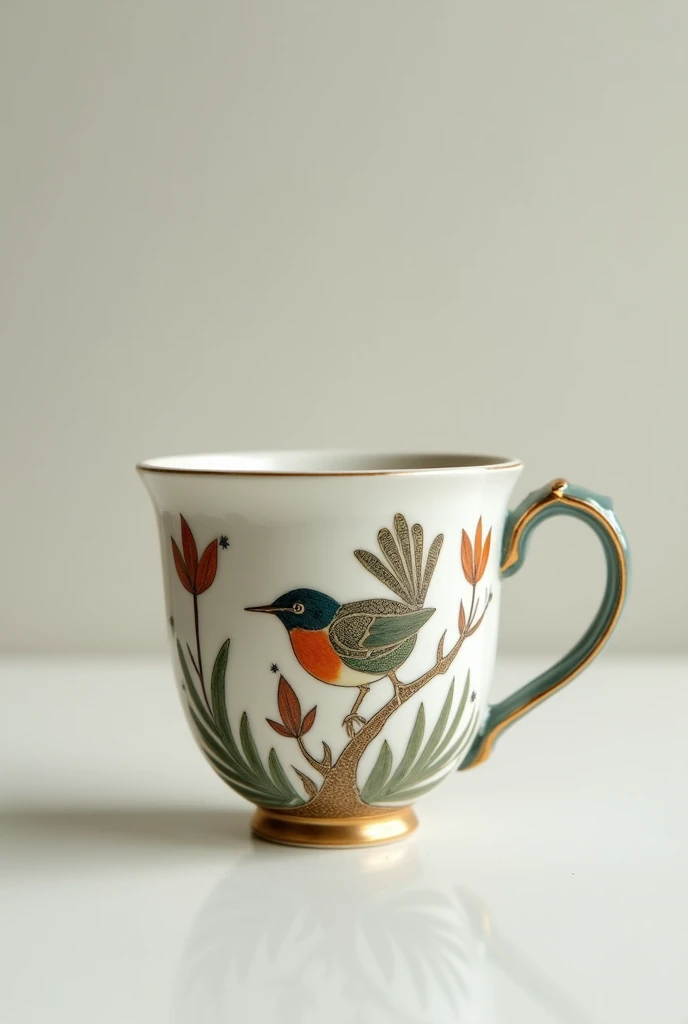 ceramic cup without handle. there are bird patterns and colorful. 