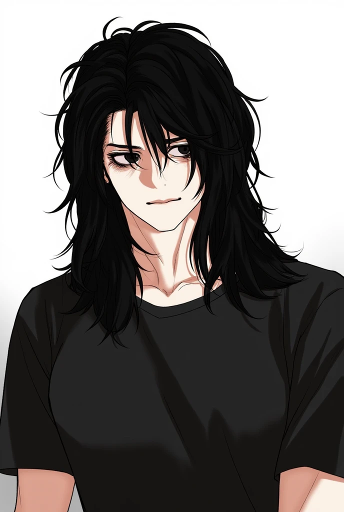 Draw my oc, a little bit long mess black hair and black eyes, slyly and looks handsome, wearing a vlack shirts, handsome and nice body