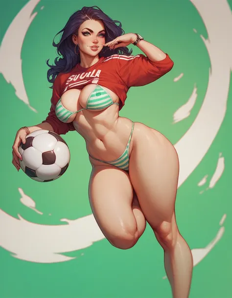 woman with big boobs and wide hips standing in striped bikini and a green background with a soccer ball on her feet