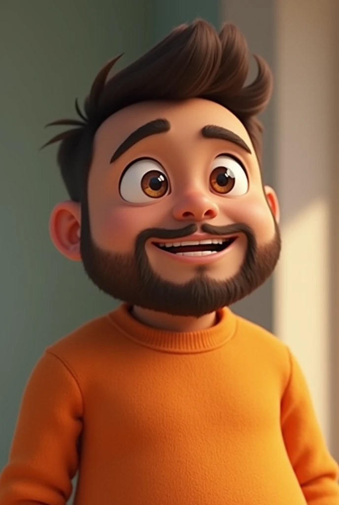 Pixar 3D. Light brown skin man, square lenses, big brown eyes, sparse beard without moustache, big cheeks, rhomboid face, dark brown straight hair, sideway hairstyle, peso 80kg, orange pokemon sweatshirt, open smile, nose thin along and wide. Round cheeks ...