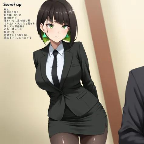 masterpiece, (((( best quality )))),1 girl, Japanese Anime ,character profilele,shiny skin, wearing a black suit,skirt suit, black tie , dark hair, short bob hair,The inner color of the hair is green, green eyes,isosceles triangle earrings, black tights,la...