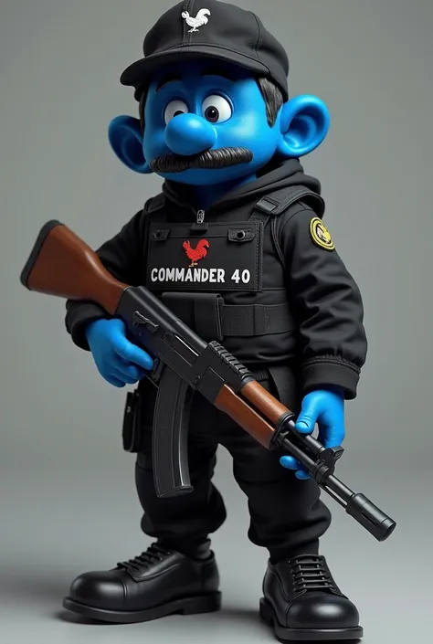 Create a Smurf, with black clothing and bulletproof vest, black mustache,  without hair on his head, black cap,  in the middle of the bulletproof vest a patch with the word COMMANDER 40, In the middle of the cap an embroidered rooster,  in his hands an Ak4...