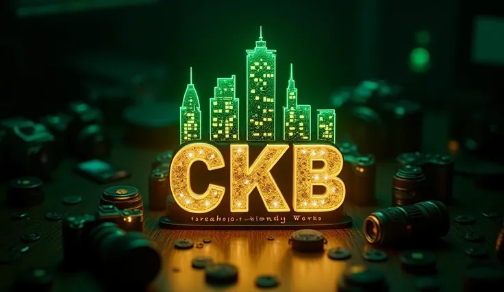 The luxurious logo features many miniature neon elements of the city which are gold and green glowing brightly attractive,  with an inscription  "CKB " very luxurious and glittering,  and below it is written "CREATOR OF FRIENDLY WORKS ,  against the backgr...