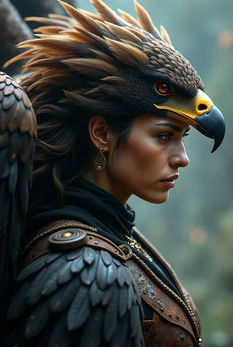  An angry woman in profile with an eagle on her head ,  where his feathers intertwine with her hair and clothes. I want, for this merger ,  where she and the bird are mixed .