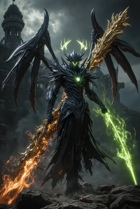 "Create a single entity that embodies the fusion of Argus' dark mysticism and Sun's raw martial energy. The character is adorned in shadowy armor infused with glowing green energy, exuding a menacing and commanding aura. They wield a fiery, golden staff th...