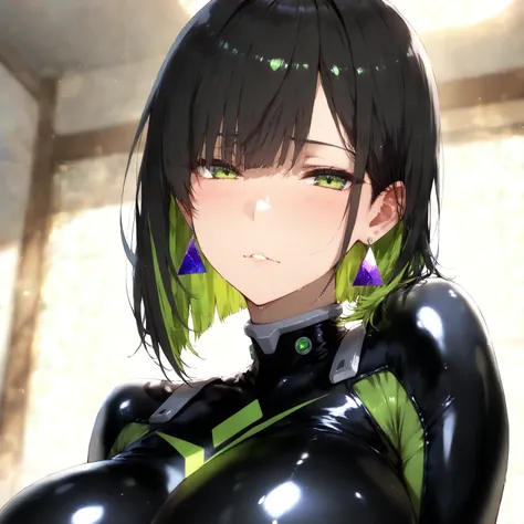 masterpiece, (((( best quality )))),1 girl, Japanese Anime ,character profilele,shiny skin, wearing a black pilot suit, dark hair, short bob hair,The inner color of the hair is green, green eyes,isosceles triangle earrings, black tights,large breasts