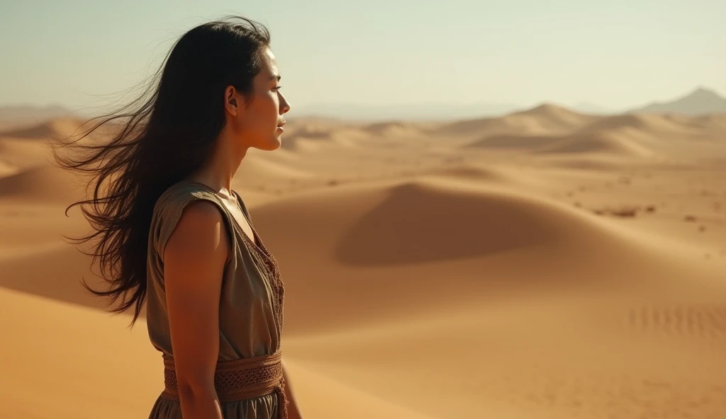 A dramatic shot of a young woman, early 30s, with long black hair, dark eyes, and tan skin, standing in front of a vast desert, gazing out into the distance. Her posture is strong, with a sense of determination. The wind blows her long hair, and the sunlig...