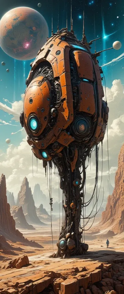 
A cyberpunk digital painting depicting an old rusty robot that sadly wanders through an alien landscape.Its design resembles a medieval knight in armor. The parts and assemblies are made of weathered, rusty metal with complex mechanical components, groove...