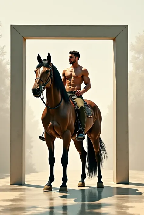  I want a horse in a square with his mottled rider, a handsome shirtless man  