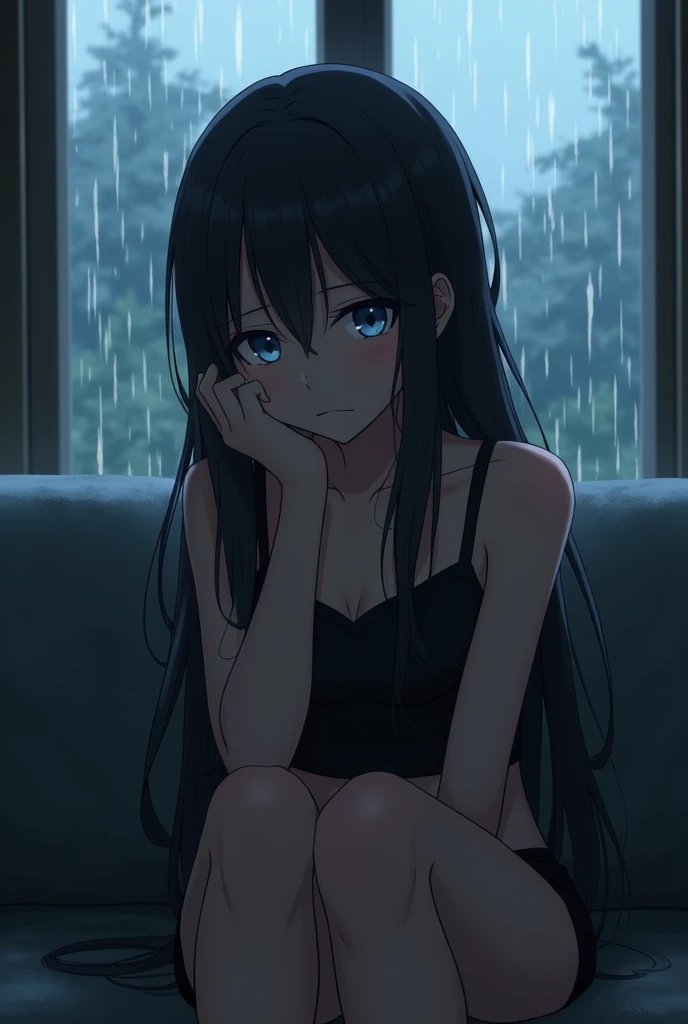 long dark hair, light blue eyes, wears black crop-top, , sitting on a couch with a rainy, after noon window in the background, has an apologetic eyes, in realistic anime style