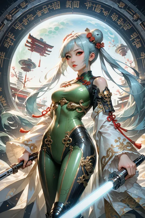 Best quality, beautiful (Asian:2) woman, light blue hair,pigtails, Chinese hair buns and ornaments, Green eyes,Colossal ,White Cybersuit,Bodysuits, battle boots, holding lightsaber, spaceship at the background in the space