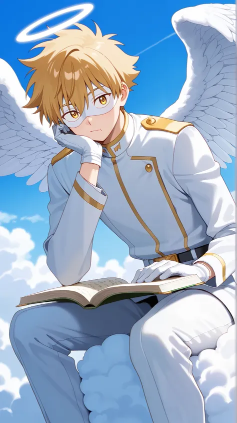 Full pure White hero masked men anime, solo, male focus,white angle uniform,white mask,white eye mask,gloves,angel,1boy,male focus,big white angel wing,angel halo,golden eyes,day sky clouds heaven bankground,inuzuka shuu, blonde,boring,playful, resting on ...