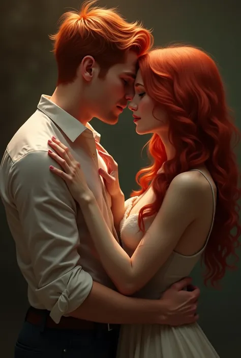 Redhead guy kisses a red-haired girl holding her waist, and she put her hands on his chest 