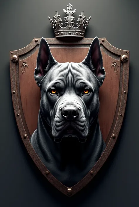  A shield with the face of a Cane Corso printed on it. A silver-colored crown above the shield 