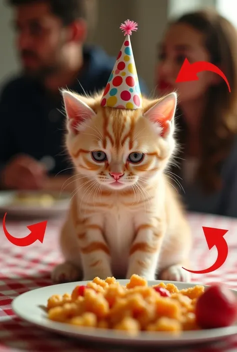 "A cute kitten ,  of soft and light fur ,  is sitting in front of a food plate . He wears a small colorful party hat and has a sad and discouraged expression,  looking at the food unenthusiastically . In the background, there are blurry people , suggesting...