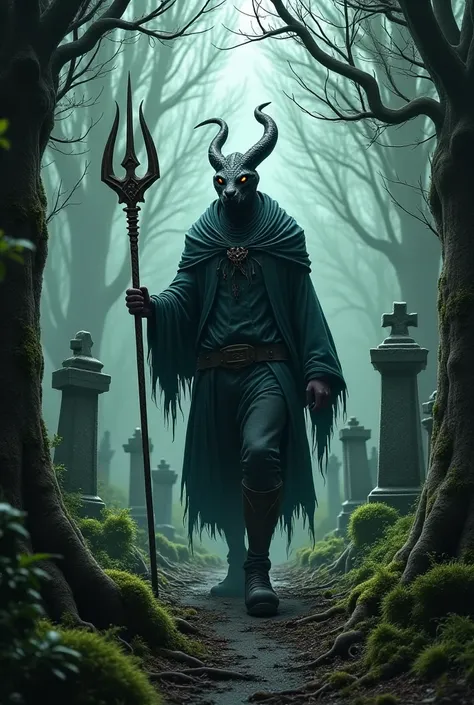 create a man, His head is that of a serpent,  he's holding a trident, He is walking in a forest cemetery