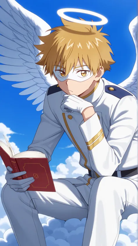 Full pure White hero masked men anime, solo, male focus,white angle uniform,white mask,white eye mask,gloves,angel,1boy,male focus,big white angel wing,angel halo,golden eyes,day sky clouds heaven bankground,inuzuka shuu, blonde,boring,playful, resting on ...